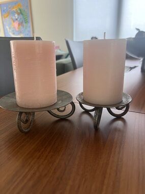 Soft Pink Pillar Candle Pair with Antique Bronze Holders